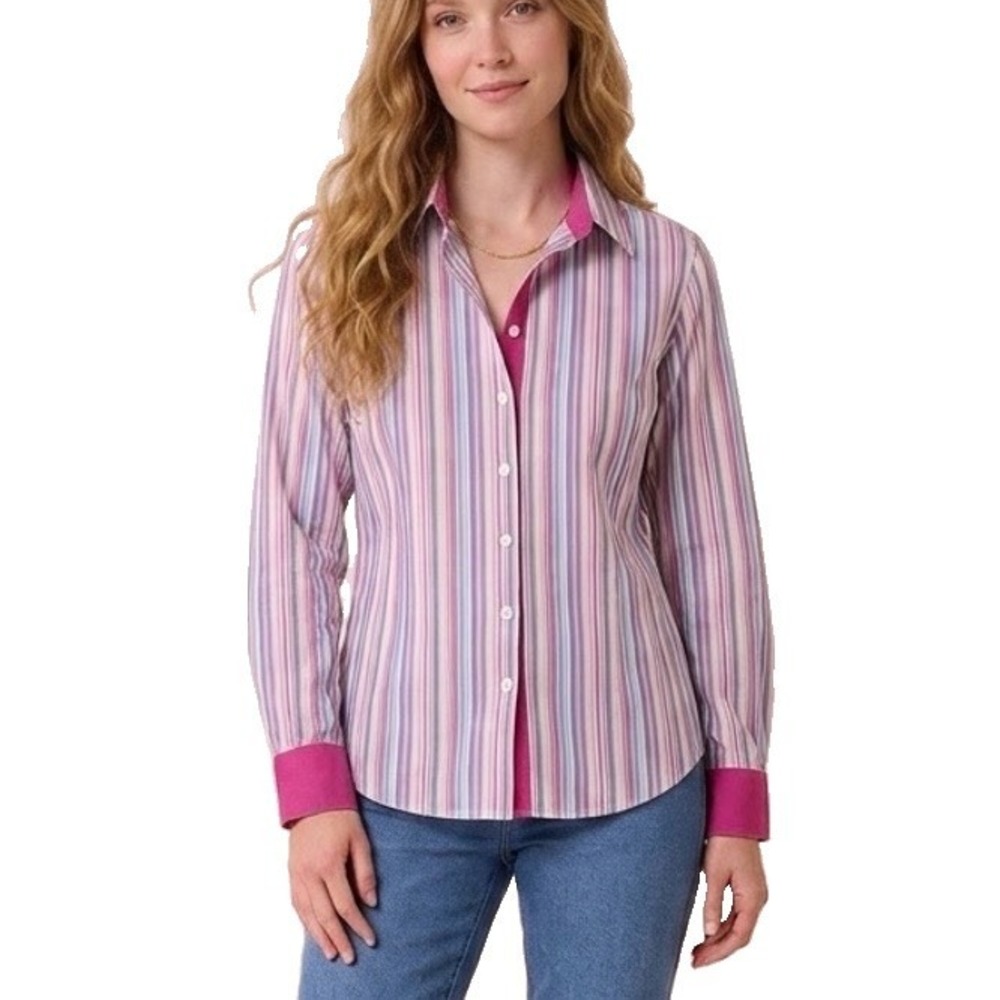 LL Bean Colorful Striped Long Sleeve‎ Flip Cuff Button Up Shirt Size LARGE